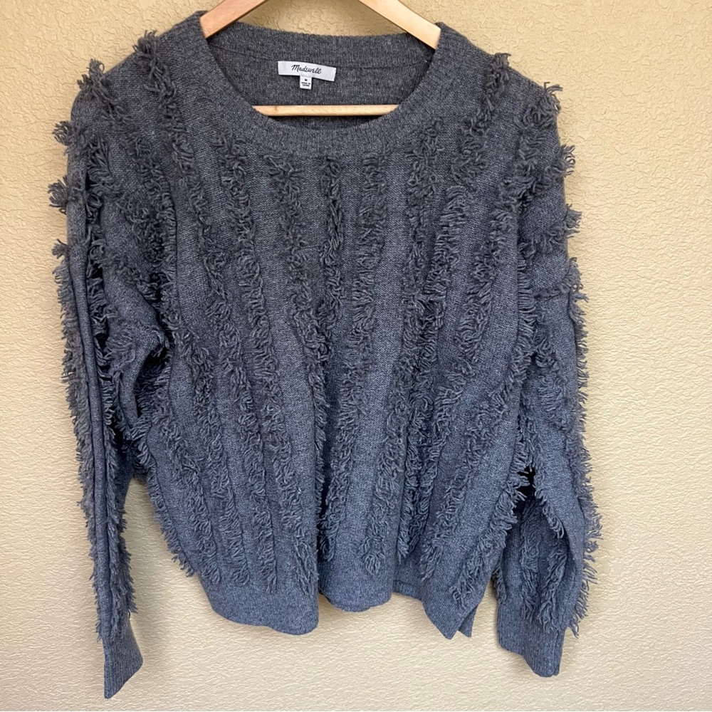 Madewell Charcoal Fringe Stripe Sweater 100% Merino Wool Medium